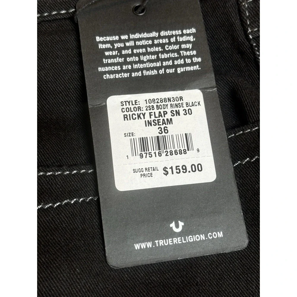 True Religion Jeans Ricky Relaxed NWT‎ Straight Black Button Flap Pocket 36x30
